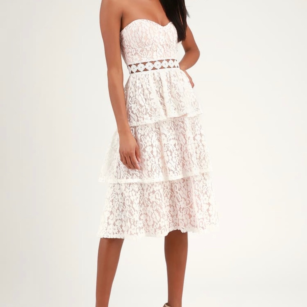 Lulus Adorn white lace overlay tiered dress
